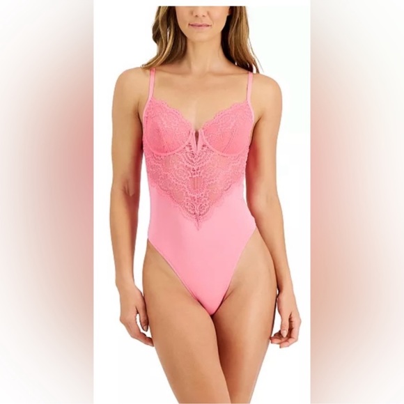 NWT INC International Concepts Micro Lace Thong Bodysuit Gemstone Pink - Picture 1 of 6